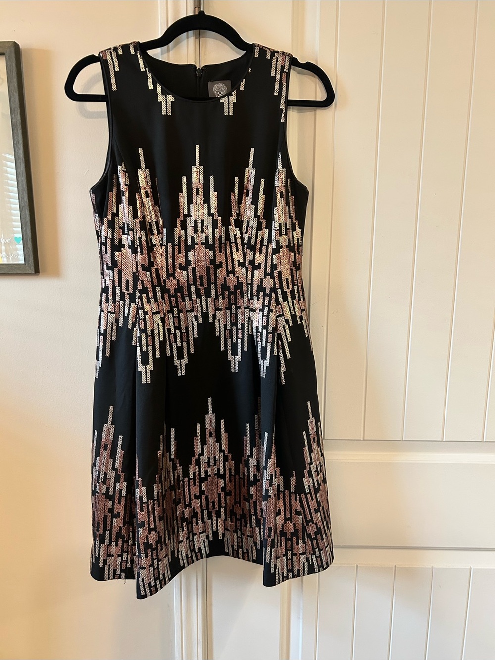 Vince Camuto Black Fit & Flare Dress | Rose Gold Sequin | Size 4